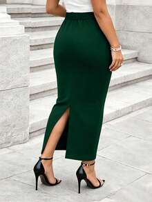 RNU 深綠色優雅通勤高腰修身性感開衩鉛筆裙，四季皆宜休閒辦公派對百搭純色裙，情人節聖誕節新年穿搭 - 墨綠色 - 查看 4