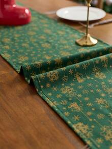 1PC Green Table Runner With Gold Bell & Snowflake Pattern, Foil Print, Farmhouse Christmas Style, Woven Fabric With Tassel Edge, Washable & Wrinkle Resistant, Decorative Table Runner For Dining Table, Coffee Table, Xmas Holiday Party Decoration - Green - View 7