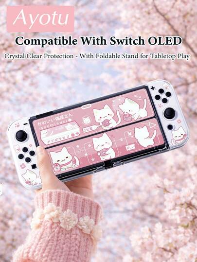 Ayotu Funda protectora con patrón de consola de juegos de gato de dibujos animados rosa, compatible con Switch, compatible con New Switch 2 (2025)/Switch NS/Switch OLED, se puede instalar en la base sin quitar la funda protectora, cubierta protectora universal para controlador de juegos, accesorios de juegos Switch, a prueba de caídas, antideslizante, a prueba de arañazos, elegante y hermosa, adecuada para regalos de otoño/Navidad/vuelta a la escuela/invierno/Pascua/cumpleaños y otras ocasiones