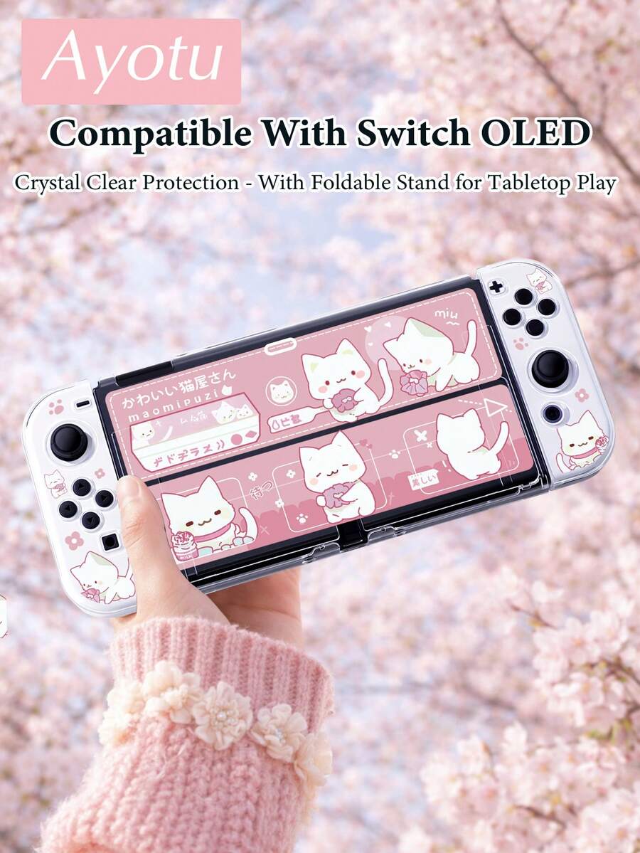 Ayotu Pink Cartoon Cat Game Console Pattern Protective Case, Compatible With Switch, Compatible With New Switch 2 (2025)/Switch NS/Switch OLED, Can Be Installed On Dock Without Removing Protective Case, Universal Game Controller Protective Cover, Switch Game Accessories, Anti-Drop, Anti-Slip, Anti-Scratch, Fashionable And Beautiful, Suitable For Autumn/Christmas/Back To School/Winter/Easter/Birthday Gifts And Other Occasions