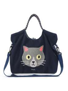 1pc New Fashion Versatile Embroidered Cute Cat Head Pattern Large Capacity Foldable Shopping Tote Bag With Shoulder Strap And Buckle - Multicolor - View 11