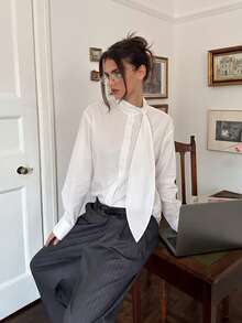 French Style Elegant Stand Collar Loose Fit Slimming Long Sleeve Blouse With Ribbon Detail, Versatile Top - White - View 1