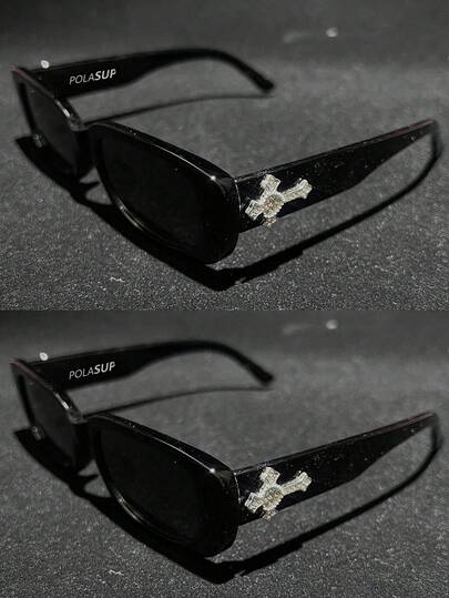 2pcs Rhinestone Cross Heart Metal Decor Black Square Frame Sunglasses, Hip Hop Rock Y2K Leopard Print Dyed Lenses, Luxury Vintage , All Season, Outdoor Travel Sun Protection Decorative Sunglasses
