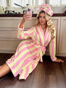 Women's Robe Colorblock Striped Flannel Robe Tie Waist Winter Lapel Collar Belted Long Sleeve Bathrobe With Pockets Cute Loungewear Sleepwear - Pink - View 5