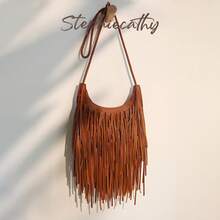 STEPHIECATHY Bohemian Style PU Leather Fringed Zipper Closure Woven Long Strap Women Casual Small Shoulder Crossbody Bag, Suitable For Vacation Travel - Brown - View 2