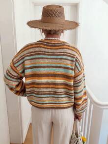 Rainbow Striped Knit Cardigan, Buttonless V-Neck Dropped Shoulder Long Sleeve Loose Soft Fuzzy Texture Women's Autumn/Winter Holiday Daily Casual Sweater Jacket - Mocha Brown - View 4