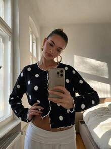 Fall/Winter Casual Versatile Crew Neck Cute Polka Dot 2 In 1 Going Out Knit Cardigan - Black and White - View 11