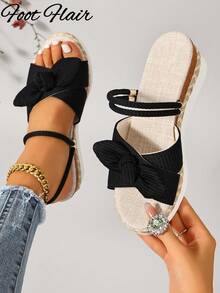 Foot Flair 女款黑色楔形厚底露趾涼鞋，波希米亞風，百搭大尺碼夏季海灘度假款 - 黑色 - 查看 2