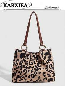 Leopard Print Women's Brown Shoulder Bag Tote Large Capacity 2026 New Autumn/Winter Versatile Casual Single Strap Shopping Bag For School & Commute - Coffee Brown - View 1