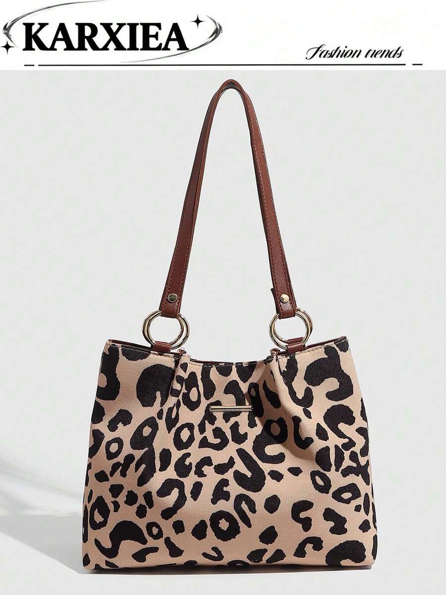 Leopard Print Women's Brown Shoulder Bag Tote Large Capacity 2026 New Autumn/Winter Versatile Casual Single Strap Shopping Bag For School & Commute - Coffee Brown - View 1