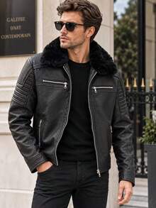 Men's Black Faux Leather Biker Jacket With Detachable Faux Fur Collar, Multi Zip Pockets & Padded Sleeve Detail - Black - View 1
