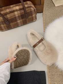 Women's Round Toe Fuzzy Flat Shoes, Adjustable Brown Buckle Strap Solid Color Casual Everyday Shoes - Beige - View 8