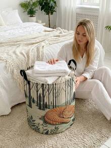 1pc Storage Basket, Laundry Basket, Washing Basket, Storage Bin, Cat Print Design, Handle Storage Basket, Foldable Multi-Purpose Storage Box, Suitable For Clothing, Jewelry, Toys And Other Daily Storage - Multicolor - View 5
