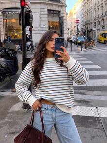 Women's Vintage Colorful Horizontal Striped Crew Neck Sweatshirt, Loose Fit Drop Shoulder Casual Pullover - White - View 1