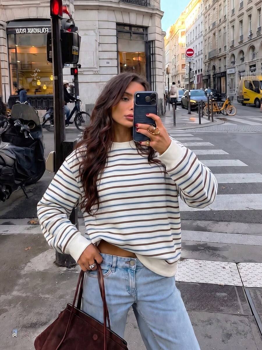 Women's Vintage Colorful Horizontal Striped Crew Neck Sweatshirt, Loose Fit Drop Shoulder Casual Pullover - White - View 1