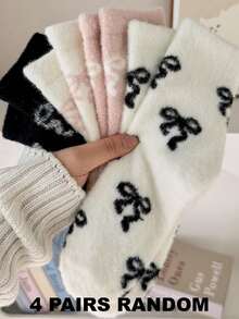 4/2 Pairs Soft Cute Bow Pattern Mink Fur Mid-Calf Socks, Non-Slip Comfortable Warm, Suitable For Autumn/Winter - Multicolor - View 9