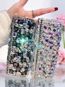 1pc Hard Shell Eyewear Storage Box, Luxury Shiny Artificial Rhinestone Cosmetic Makeup Brush Lipstick Organizer, Travel Portable Fashion Glasses Myopia Glasses Protective Case, Creative Gift - Multicolor - View 3