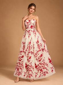 VIPGIRL Elegant Strapless Long Dress For Women, Decorated With Red Floral Embroidery, Flared Mesh Fabric, Formal Evening Gown, Perfect For Balls. - Apricot - View 2