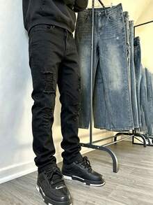 TEENboy Distressed Ripped Slim Fit Black Denim Jeans Street Style Punk Washed Skinny Pants - Black - View 1