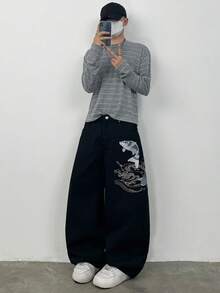 Justice Brother 1pc Korean Style Embroidered Men's Loose Wide Leg Denim Jeans Fashion All-Season Versatile Long Pants (Belt/Accessories Not Included) - Black - View 4