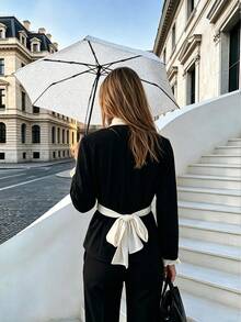 Women's Thick Comfortable Autumn/Winter Office Professional Fitted Blazer Collar Top With Contrast Shawl Collar, Button Tie And Knot Strap - Black - View 5