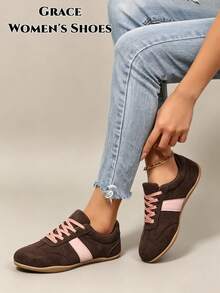 New Women's Training Shoes, Round Toe Low-Cut Flat Comfortable Versatile Sports Casual Patchwork Color Sneakers, Fashionable For All Seasons - Brown - View 4