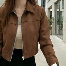 Plus Size Women's Spring/Autumn Solid Color Faux Suede Lapel Zipper Jacket, Long Sleeve Casual College Airport Style Autumn Outfit - Brown - View 5