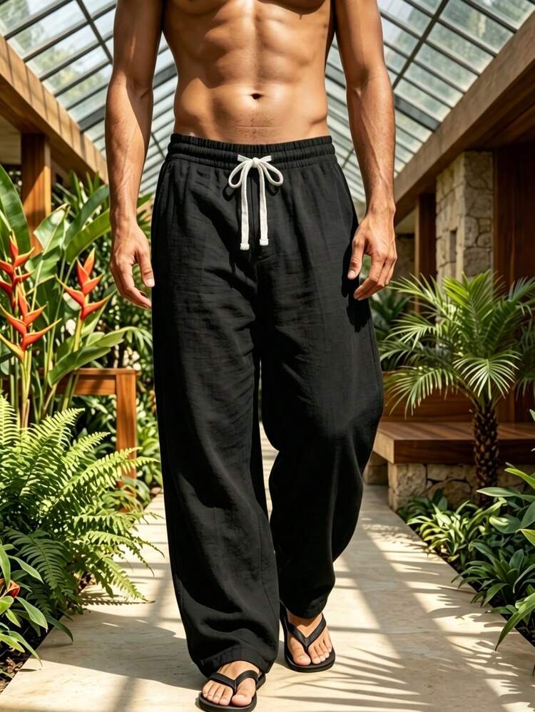 Men's Summer Casual Sweatpants, Summer Pants, Comfortable Fabric, Vacation Casual Sports Pants, American Sports Casual Long Pants, Straight Loose Fit, Comfortable And Versatile, Suitable For Spring/Summer Commuting, Vacation, Daily Casual Wear - Black - View 2