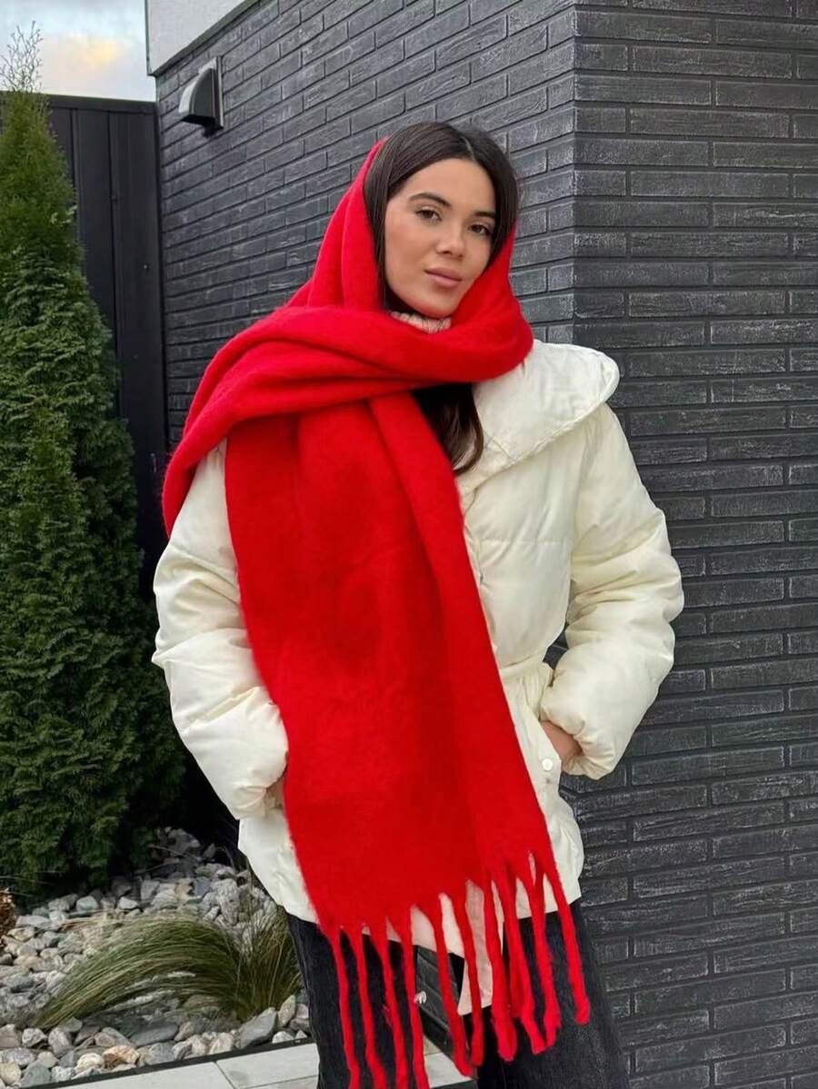 1pc Women's Christmas Red Solid Color Versatile College Style Elegant Chunky Knit Thick Warm Scarf, Suitable For Cold Weather Shopping - Multicolor - View 1