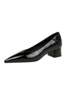BIGTREE European & American Minimalist Pointed Toe Chunky Heel Pumps, Versatile Low Vamp Slip-On Comfortable Commuter Mid-Heel High Heels For Women - Black - View 9