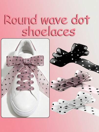 1 Pair Solid Color Round Polka Dot Snow Mesh Shoelaces, Women's Classic Fashion Flat Polyester Shoe Accessories, Ballet Style Bowknot Decorative Shoelaces