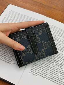 Vintage Style Denim Wallet | Handcrafted Bifold Purse With White Stitching & Snap Tab | Slim Daily Organizer - Blue - View 2