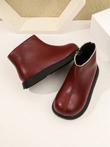 Girls' Burgundy Side Zipper Ankle Boots, Thick Sole, Soft Bottom, Simple Round Toe, Versatile Casual Kids' Shoes, Autumn/Winter New Style - Red - View 2