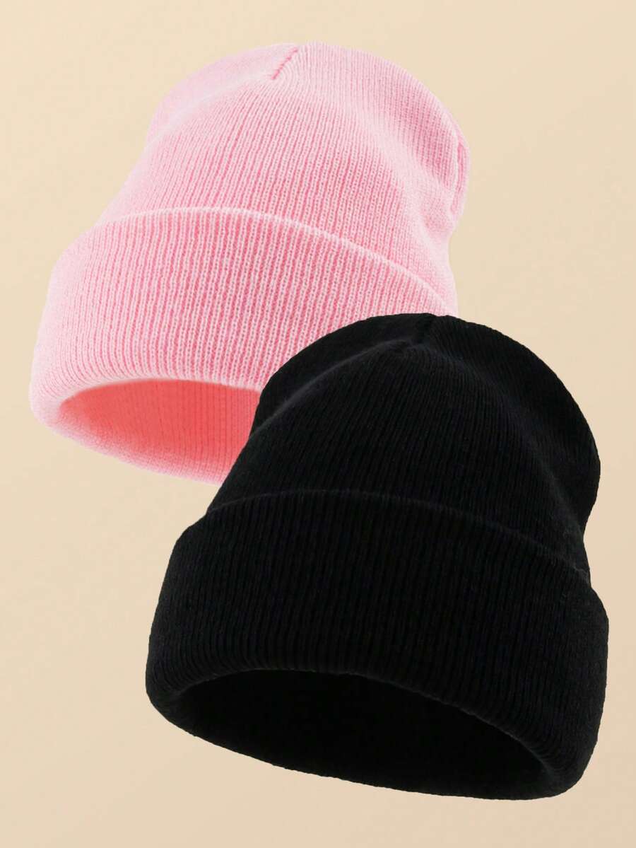 2pcs Unisex Outdoor Warm Solid Color Knit Beanie Hat Suitable For Daily Wear - Black + Pink - View 1