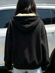 Women's Pure Black Drawstring Pocket Loose Hooded Sweatshirt, Fleece Lined, Casual Warm Jacket - Black - View 3