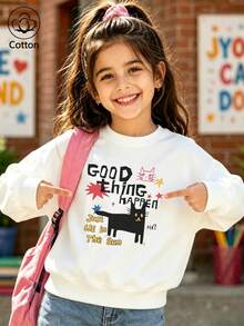 Girls' Cotton Crewneck Sweatshirt: Cute Cat & Star Print, 'Good Things Happen' Slogan, Comfy Breathable Long Sleeve For Spring Fall School Play - White - View 2
