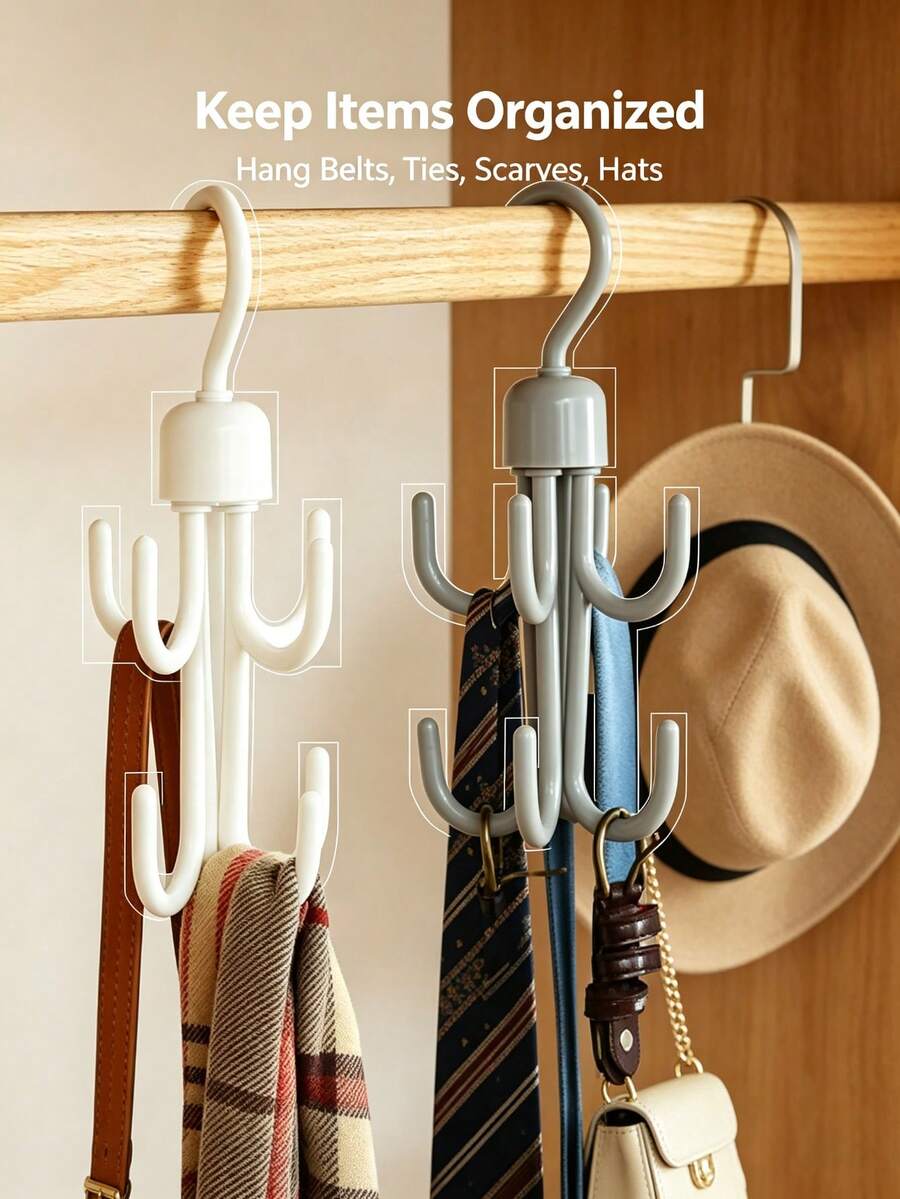 Double Layer Rotatable Six Claw Wardrobe Storage Rack, Durable Multi Hook Hanger, Wardrobe Organization And Storage, Suitable For Belts, Ties, Scarves, Hats And Other Items, Storage Hooks, Essential For Bathroom, Dormitory, Daily Home Storage