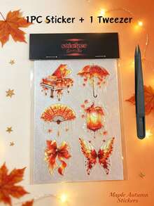 1pc/2pcs Pixel Style Autumn Maple Leaf Decorative Stickers, Warm Orange Piano Butterfly Lantern Pattern With Background, Comes With Tweezers, Suitable For Phone, Laptop, Camera, Card, Gift Bag, Gift Box, Water Cup And More - Pixel Autumn Style - View 7