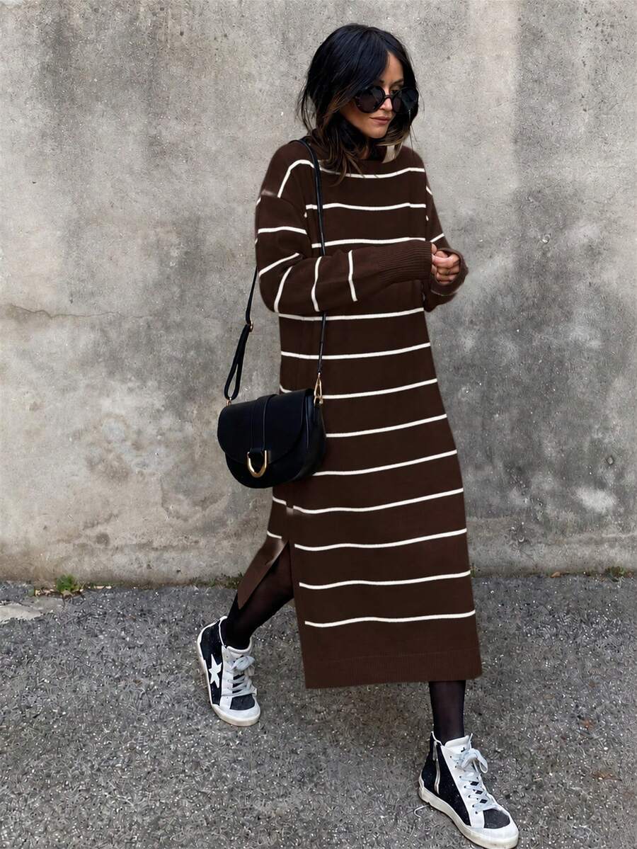 Sweater Dress; Women Striped Pattern Drop Shoulder Polo Neck, 26 Fall/ Winter New