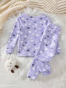 Infant & Baby GirlRound Neck Long Sleeve Long Pants Thermal Lined 2 Pieces Set, Light Purple All-Over Heart, Cute Bow, Cloud, GoodNight Cartoon Print Pajamas, Fitted, Snug, Stretchy - Multicolor - View 4