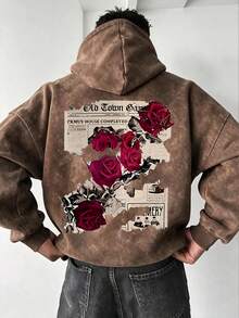 Men's Faux Washed Distressed Rose & Newspaper Print Hoodie, Loose Casual Pullover Sweatshirt - Brown - View 1