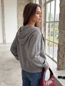 Minimalist Solid Color Hooded Knit Cardigan, Grey Raglan Long Sleeve Full Zip Design, Ribbed Cuffs And Hem, Versatile Casual Knit Top For Daily Commute, Walking, Outing, Shopping, Home Wear, Campus Outfit - Grey - View 3