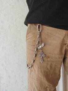 Gothic Y2K Spring Single Layer Pants Chain, Vintage Cross & Wing Heart Pendant Denim Jeans Chain, Unisex Aesthetic Metal Wallet Chain - Silver - View 6