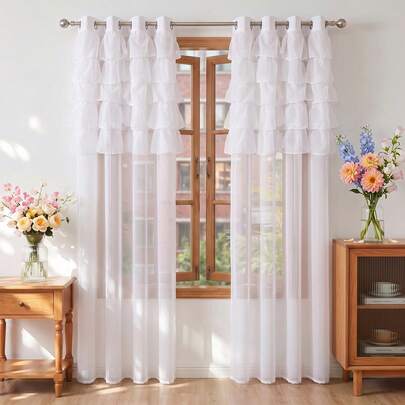 FLYINGCURTAINS 2 szt. półprzezroczystych zasłon zewnętrznych z oczkami i warstwowymi falbanami, lekko filtrujące światło, do pawilonu, na taras i do ogrodu, uroczy prezent na parapetówkę