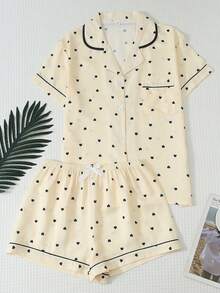 2pcs Women's Comfortable Heart Print Short Sleeve Collared Top And Bow Shorts Pajama Set - Apricot - View 1