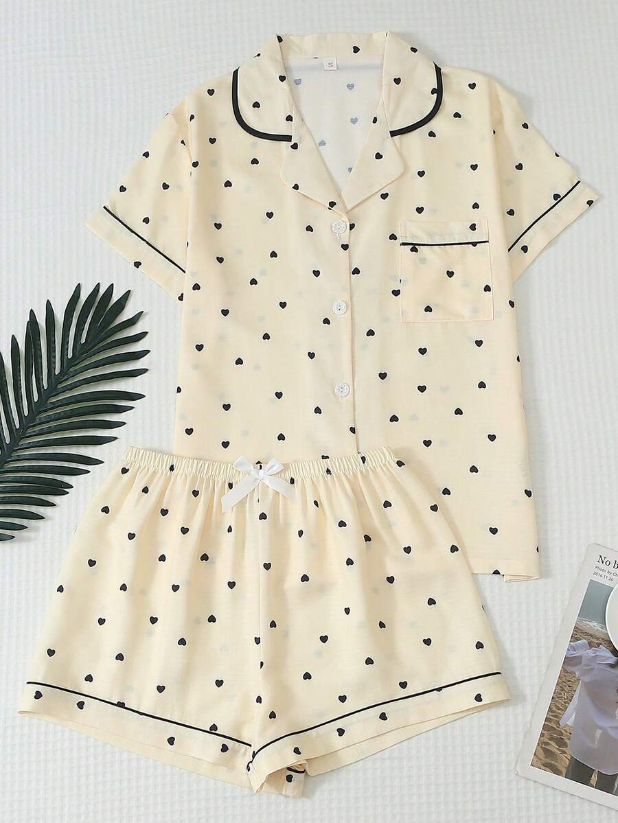 2pcs Women's Comfortable Heart Print Short Sleeve Collared Top And Bow Shorts Pajama Set - Apricot - View 1