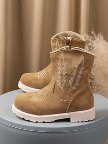 Girls' Vintage Playful Khaki Side Zipper Striped Embroidered Western Ankle Boots, Suitable For Holiday Outings And Autumn/Winter Outfits - Khaki - View 5