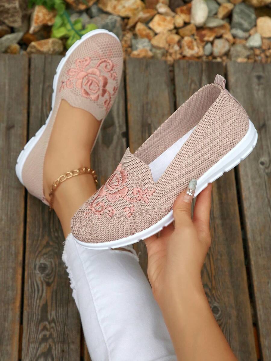 Women's Floral Embroidered Breathable Mesh Slip-On Casual Shoes - Pink - View 1
