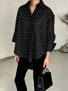 VELLA Women's Elegant Loose 3/4 Sleeve Rolled-Up Plus Size Shirt, Suitable For Commuting, Back To School, Outings, Casual Wear - Black - View 6