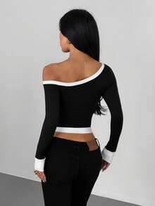 VENORA Contrasting Color Slashed Shoulder Long-Sleeved T-Shirt Women's 2026 Autumn New Off-The-Shoulder Slim Top,Daily Casual,Sexy,Y2k,Halloween - Black - View 5